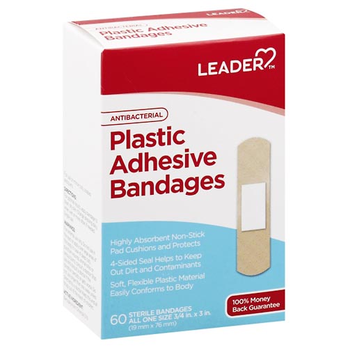 Image for Leader Adhesive Bandages, Antibacterial, Plastic, All One Size,60ea from MIDLOTHIAN APOTHECARY WATKINS CENTRE